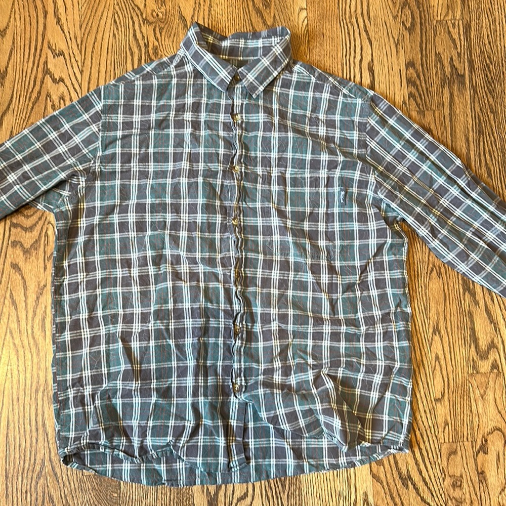 Woolrich men’s large distressed long sleeve plaid button down shirt